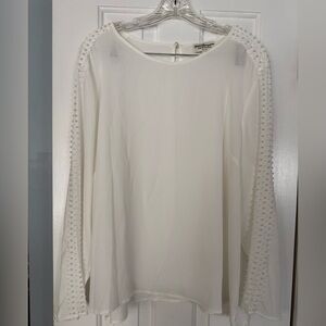 Norm Thompson White Blouse XL Pearl Embellished Sleeves Sheer Dressy Top